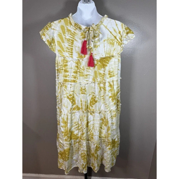 THML Anthropologie Dress Small Yellow A Line Midi Bohemian Tiered Abstract Print - Picture 2 of 6